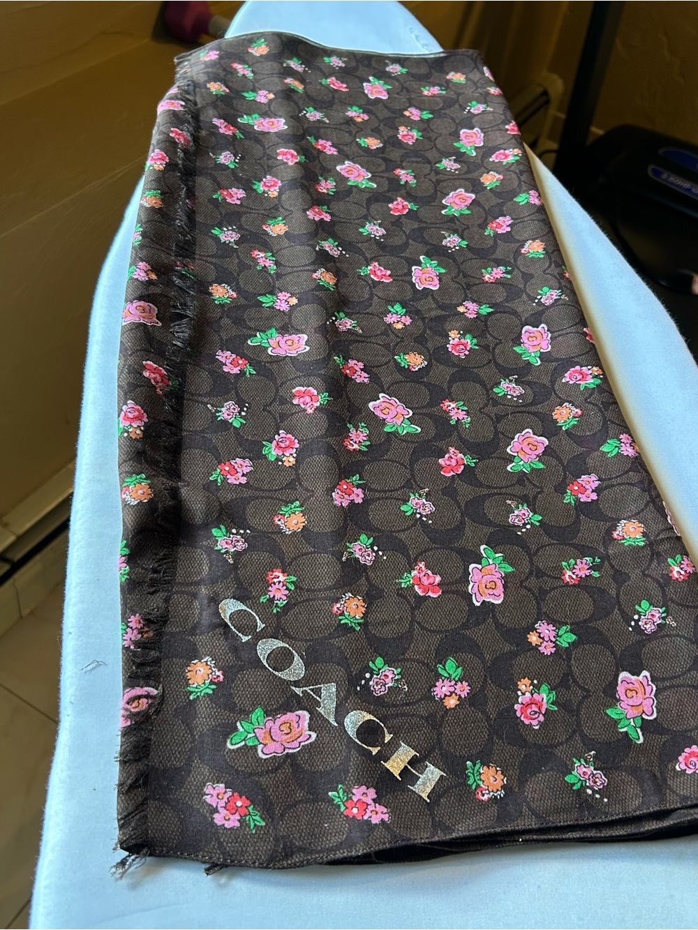 COACH Brown Signature Scarf with Pink Floral Print